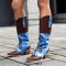 Pointed Toe Knee Highs Western Style Denim Cowboy Boots - Brown Faux Leather