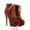 Round Toe Stiletto Heels Suede Lace Up Platforms Ankle Highs Booties - Coffee