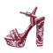 Peep Toe Platforms Chunky Heels Flowers Ankle Buckle Straps Ethnic Style Sandals - Red Patent