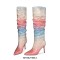Pointed Toe Stiletto Heels Gradient Rhinestone Pleated Knee Highs Boots - Pink