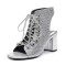 Peep Toe Chunky Heels Lace Up Ankle Highs Rhinestones Summer Sandals Booties - Silver Sequined Cloth