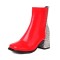 Round Toe Chunky Heels Bling Glitters Patchwork Back Zipper Ankle Highs Boots - Red Patent