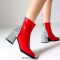 Round Toe Chunky Heels Bling Glitters Patchwork Back Zipper Ankle Highs Boots - Red Patent