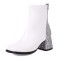 Round Toe Chunky Heels Bling Glitters Patchwork Back Zipper Ankle Highs Boots - White Patent