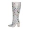 Pointed Toe Chunky Heels Rhinestones Colorful Crystals Side Zipper Knee Highs Booties - Silver