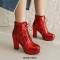 Round Toe Cuban Heels Glitters Shiny Platforms Lace Up Party Boots - Red
