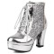 Round Toe Cuban Heels Glitters Shiny Platforms Lace Up Party Boots - Silver