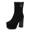 Round Toe Chunky Heels Platforms Back Zipper Ankle Highs Suede Boots - Black