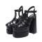 Round Toe Cut Out Pieces Double Platforms Ankle Buckle T Straps Chunky Heels Roman Sandals - Black Faux Leather