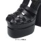 Round Toe Cut Out Pieces Double Platforms Ankle Buckle T Straps Chunky Heels Roman Sandals - Black Faux Leather