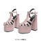 Round Toe Cut Out Pieces Double Platforms Ankle Buckle T Straps Chunky Heels Roman Sandals - Pink Faux Leather