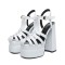 Round Toe Cut Out Pieces Double Platforms Ankle Buckle T Straps Chunky Heels Roman Sandals - White Faux Leather