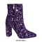 Pointed Toe Sequined Blings Chunky Heels Side Zipper Ankle Highs Booties - Purple
