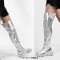Round Toe Low Chunky Heels Over The Knee Stretch Side Zipper Boots - Silver Faux Leather