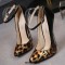 Pointed Toe Stiletto Heels Ankle Buckle Straps Leopard Pumps - Gold