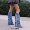 Round Toe Cuffed Fashion Western Style Side Fringe Wood Grain Chunky Heels Slip On Knee Highs Boots - Blue Denim