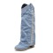 Round Toe Cuffed Fashion Western Style Side Fringe Wood Grain Chunky Heels Slip On Knee Highs Boots - LightBlue Denim