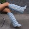 Round Toe Cuffed Fashion Western Style Side Fringe Wood Grain Chunky Heels Slip On Knee Highs Boots - LightBlue Denim
