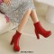 Round Toe Cuban Heels Platforms Side Zipper Ankle Highs Elegant Office Boots - Red