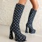 Pointed Toe Gretel Sequin Knee Highs Chunky Heels Boots - DarkBlue Denim