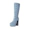 Pointed Toe Gretel Sequin Knee Highs Chunky Heels Boots - LightBlue Denim