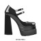 Square Toe Chunky Heels Platforms Double Straps Mary Janes Pumps - Black