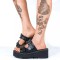 Peep Toe Gothic Metal Bat Vampire Buckles Wedges Slippers Sandals - Black Faux Leather