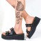 Peep Toe Gothic Metal Bat Vampire Buckles Wedges Slippers Sandals - Black Faux Leather
