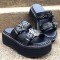 Peep Toe Gothic Metal Bat Vampire Buckles Wedges Slippers Sandals - Black Faux Leather