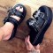 Peep Toe Gothic Metal Bat Vampire Buckles Wedges Slippers Sandals - Black Faux Leather