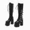 Round Toe Chunky Heels Ultra Platforms Cowboy Buckle Straps Punk Gothic Zipper Boots - Black Faux Leather