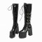 Round Toe Chunky Heels Ultra Platforms Cowboy Buckle Straps Punk Gothic Zipper Boots - Black Patent