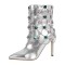 Pointed Toe Stiletto Heels Rhinestones Crystals Side Zipper Ankle Highs Booties - Silver