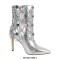 Pointed Toe Stiletto Heels Rhinestones Crystals Side Zipper Ankle Highs Booties - Silver