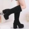 Round Toe Chunky Heels Platforms Knee Highs Fluffy Wool Booties - Black Faux Wool