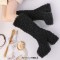Round Toe Chunky Heels Platforms Knee Highs Fluffy Wool Booties - Black Faux Wool