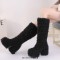 Round Toe Chunky Heels Platforms Knee Highs Fluffy Wool Booties - Black Faux Wool