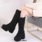 Round Toe Chunky Heels Platforms Knee Highs Fluffy Wool Booties - Black Faux Wool
