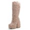 Round Toe Chunky Heels Platforms Knee Highs Fluffy Wool Booties - Pink Faux Wool