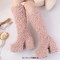 Round Toe Chunky Heels Platforms Knee Highs Fluffy Wool Booties - Pink Faux Wool