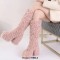Round Toe Chunky Heels Platforms Knee Highs Fluffy Wool Booties - Pink Faux Wool