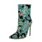 Pointed Toe Stiletto Heels Bling Sequin Side Zipper Ankle Highs Flower Boots - Green Sequined Cloth