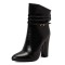 Pointed Toe Chunky Heels Trible Decorated Straps Ankle Highs Side Zipper Boots - Black Faux Leather