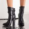 Pointed Toe Chunky Heels Trible Decorated Straps Ankle Highs Side Zipper Boots - Black Faux Leather