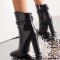 Pointed Toe Chunky Heels Trible Decorated Straps Ankle Highs Side Zipper Boots - Black Faux Leather