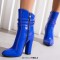 Pointed Toe Chunky Heels Trible Decorated Straps Ankle Highs Side Zipper Boots - Blue Faux Leather