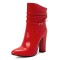 Pointed Toe Chunky Heels Trible Decorated Straps Ankle Highs Side Zipper Boots - Red Faux Leather