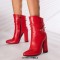 Pointed Toe Chunky Heels Trible Decorated Straps Ankle Highs Side Zipper Boots - Red Faux Leather