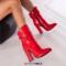 Pointed Toe Chunky Heels Trible Decorated Straps Ankle Highs Side Zipper Boots - Red Faux Leather
