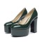 Round Toe High Platforms Chunky Heels Pumps - Dark Green Patent